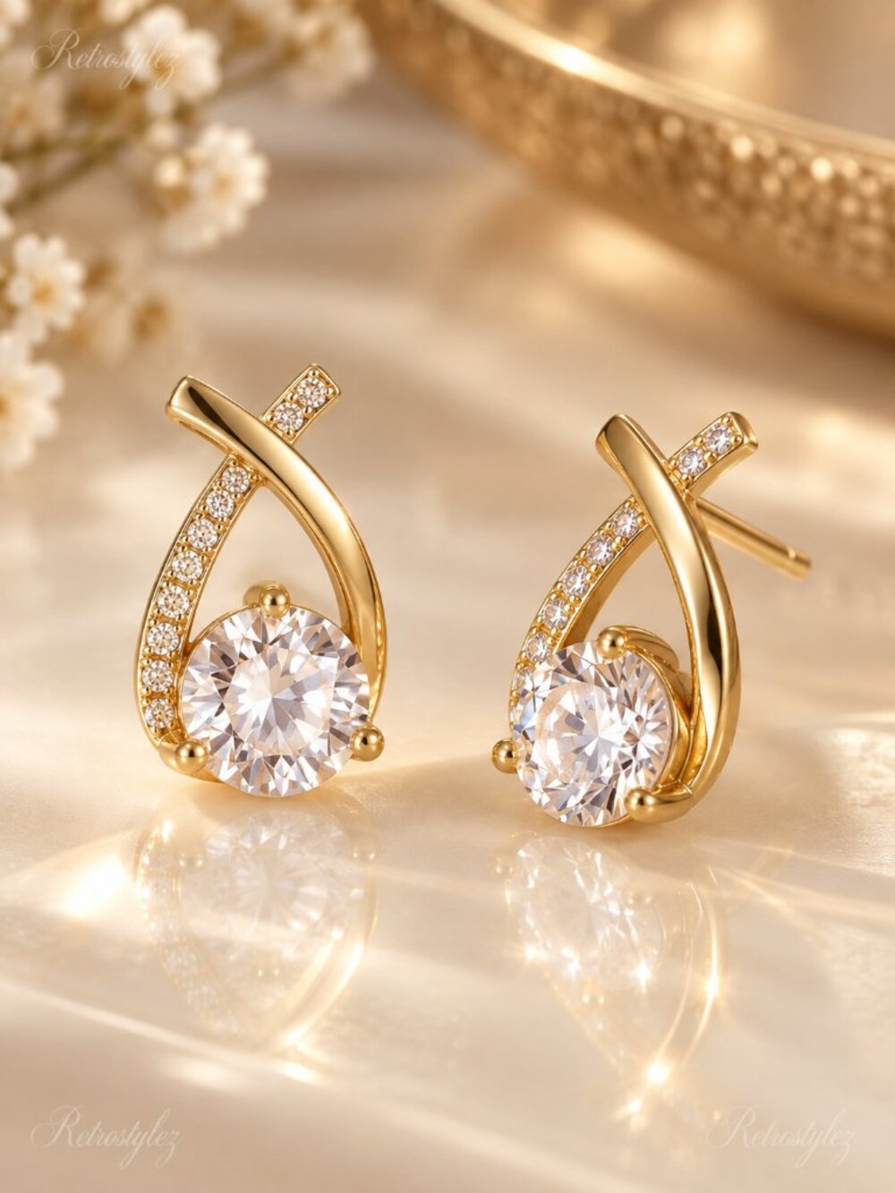 2ct Diamond 18K Gold Twisted Womens Earrings Soliatire Stud Style Ladies Jewelry - Picture 7 of 7
